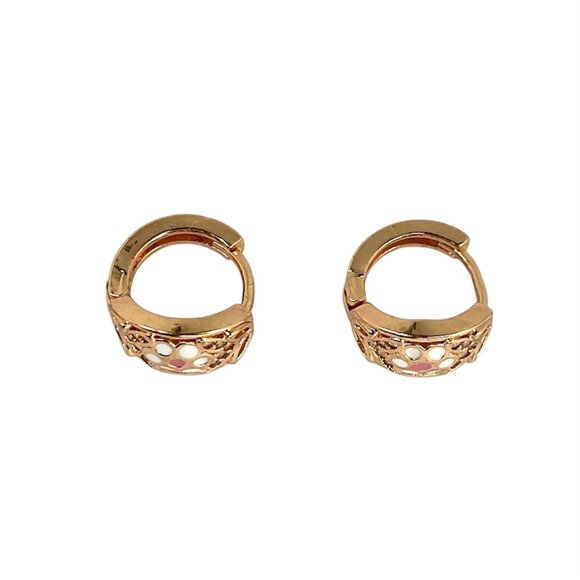 Gold Hoop Earrings with Pink & White Enamel Elegant Filigree Vintage Design - Picture 3 of 6